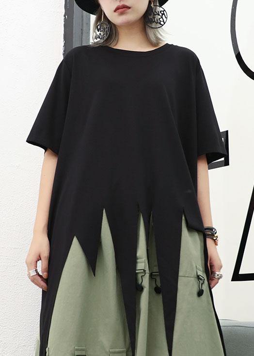 Bohemian asymmetric hem cotton Long Shirts design black o neck shirts summer - bagstylebliss