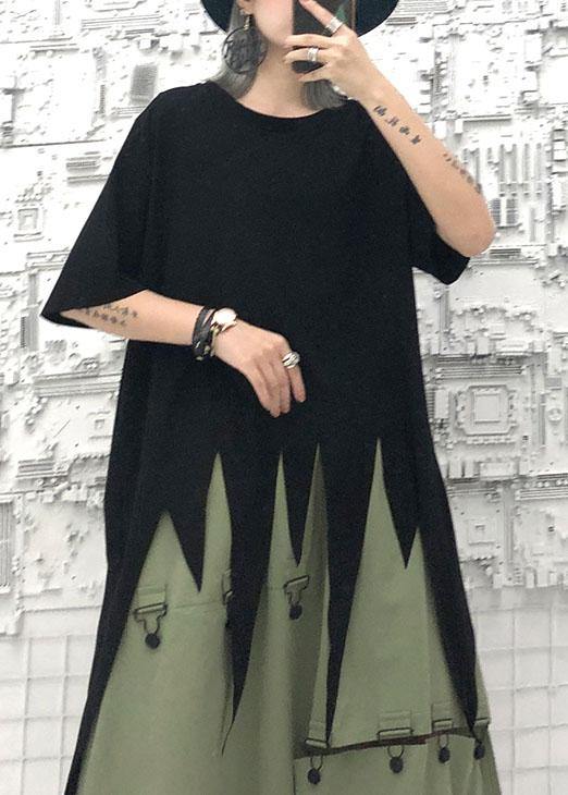 Bohemian asymmetric hem cotton Long Shirts design black o neck shirts summer - bagstylebliss