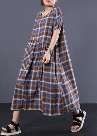 Bohemian big hem cotton tunic dress Catwalk blue plaid long Dresses summer - bagstylebliss