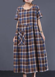 Bohemian big hem cotton tunic dress Catwalk blue plaid long Dresses summer - bagstylebliss