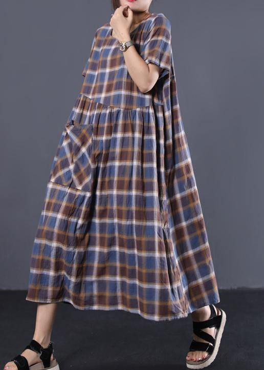 Bohemian big hem cotton tunic dress Catwalk blue plaid long Dresses summer - bagstylebliss