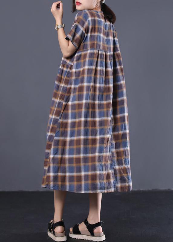 Bohemian big hem cotton tunic dress Catwalk blue plaid long Dresses summer - bagstylebliss