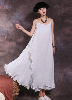 Bohemian big hem linen clothes Runway white sleeveless Dresses summer - bagstylebliss