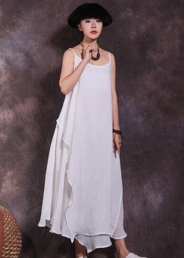 Bohemian big hem linen clothes Runway white sleeveless Dresses summer - bagstylebliss