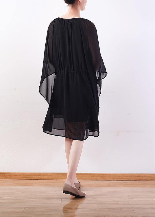 Bohemian black chiffon Long Shirts Indian Shirts tie waist long summer Dresses - bagstylebliss