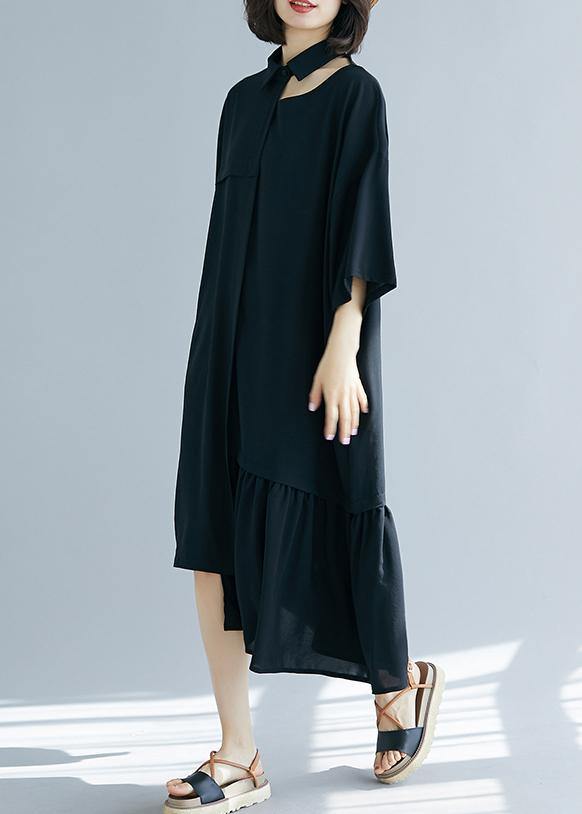 Bohemian black clothes lapel asymmetric cotton summer Dress - bagstylebliss