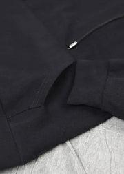 Bohemian black cotton Blouse loose drawstring hooded Sweatshirt - bagstylebliss