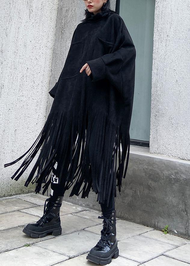 Bohemian black cotton Tunics tassel Plus Size half high neck Dress - bagstylebliss
