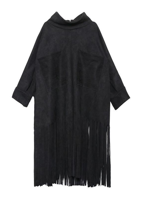 Bohemian black cotton Tunics tassel Plus Size half high neck Dress - bagstylebliss
