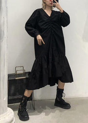 Bohemian black cotton clothes For Women Ruffles Cinched Plus Size v neck Dress - bagstylebliss