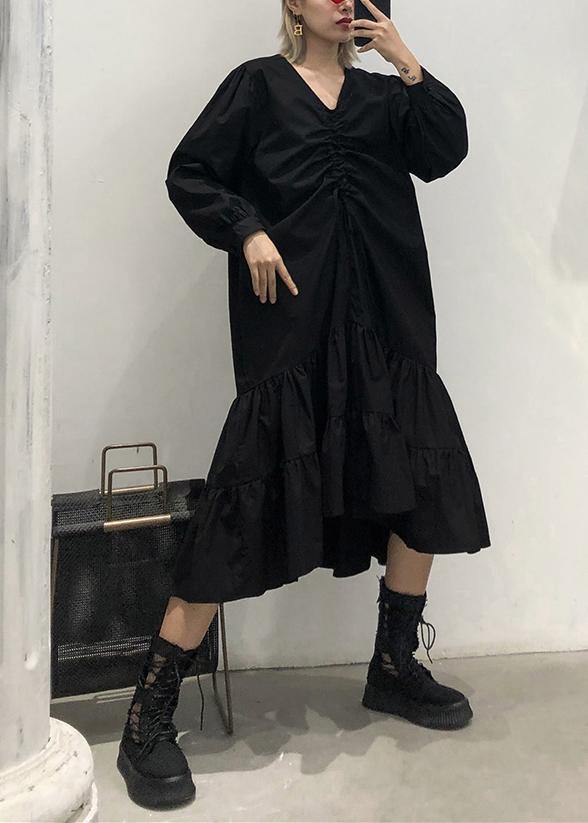 Bohemian black cotton clothes For Women Ruffles Cinched Plus Size v neck Dress - bagstylebliss