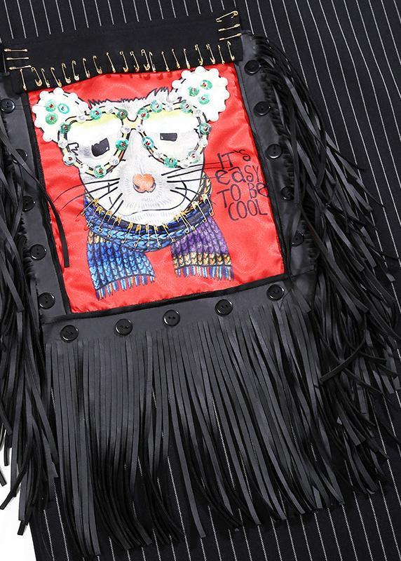 Bohemian black cotton tunic top asymmetric cotton prints tassel Dress - bagstylebliss
