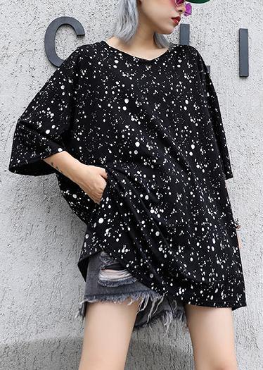 Bohemian black dotted cotton tunic top v neck side open Plus Size Clothing summer tops - bagstylebliss