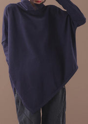 Bohemian black fall cotton shirts asymmetric hem baggy high neck top - bagstylebliss
