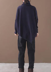 Bohemian black fall cotton shirts asymmetric hem baggy high neck top - bagstylebliss
