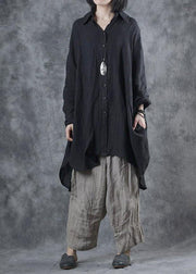 Bohemian black linen crane tops lapel Batwing Sleeve tunic fall tops - bagstylebliss