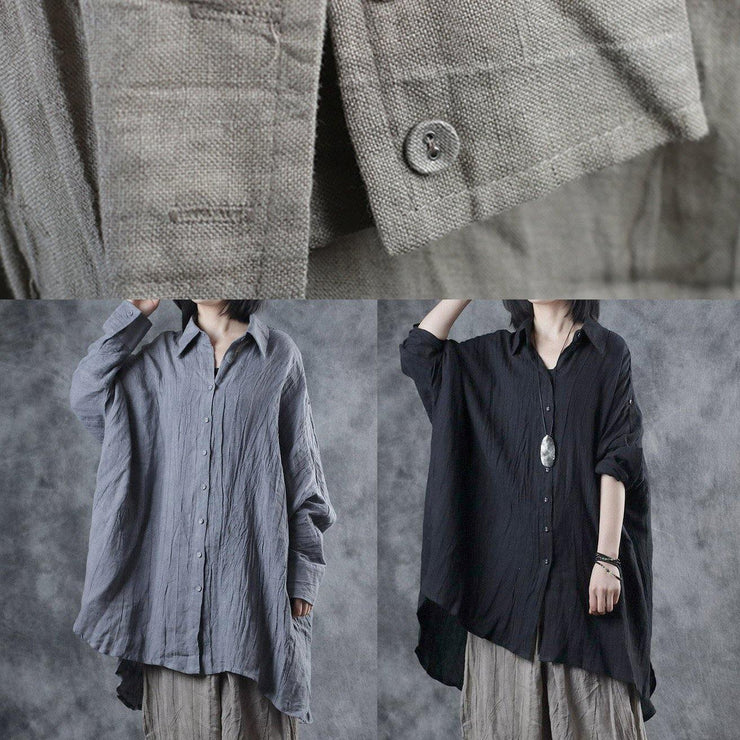 Bohemian black linen crane tops lapel Batwing Sleeve tunic fall tops - bagstylebliss