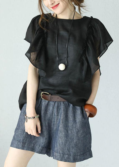 Bohemian black linen tops women o neck ruffles sleeve blouses - bagstylebliss