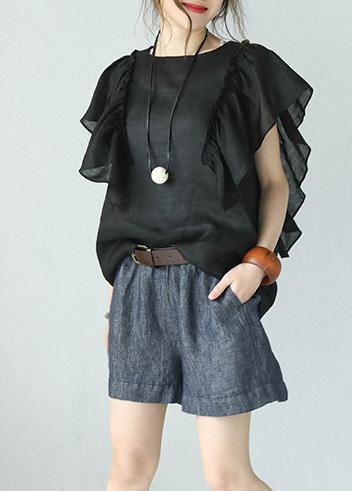 Bohemian black linen tops women o neck ruffles sleeve blouses - bagstylebliss