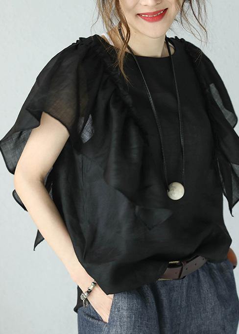 Bohemian black linen tops women o neck ruffles sleeve blouses - bagstylebliss