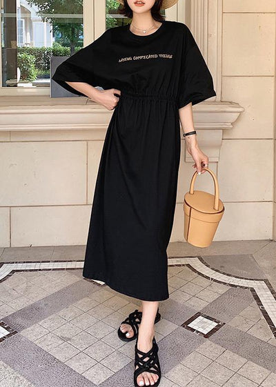 Bohemian black o neck cotton Long Shirts drawstring A Line summer Dress - bagstylebliss