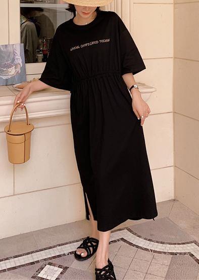 Bohemian black o neck cotton Long Shirts drawstring A Line summer Dress - bagstylebliss
