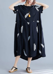 Bohemian black prints cotton linen Robes loose waist Plus Size Clothing summer Dresses - bagstylebliss