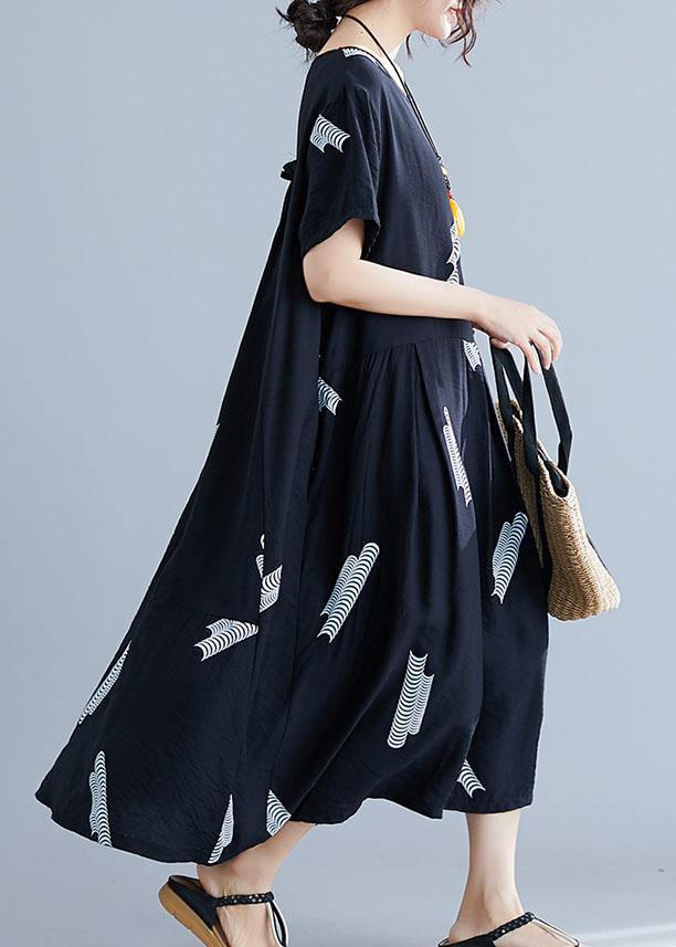 Bohemian black prints cotton linen Robes loose waist Plus Size Clothing summer Dresses - bagstylebliss