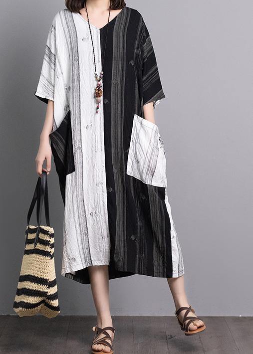 Bohemian black white patchwork linen dresses v neck pockets A Line summer Dress - bagstylebliss