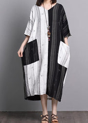 Bohemian black white patchwork linen dresses v neck pockets A Line summer Dress - bagstylebliss