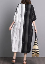 Bohemian black white patchwork linen dresses v neck pockets A Line summer Dress - bagstylebliss