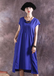 Bohemian blue Cotton Tunic asymmetric hem Plus Size summer Dresses - bagstylebliss