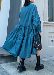 Bohemian blue dress lapel Puff Sleeve Maxi Dress - bagstylebliss
