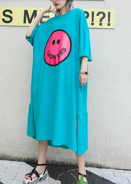 Bohemian blue green print cotton clothes o neck side open Robe summer Dress - bagstylebliss