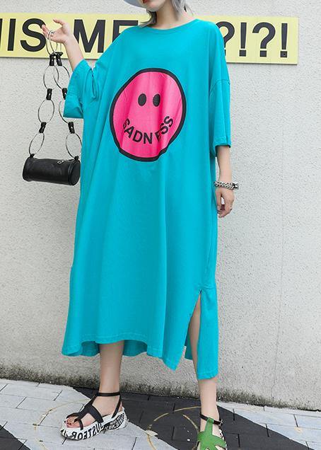 Bohemian blue green print cotton clothes o neck side open Robe summer Dress - bagstylebliss