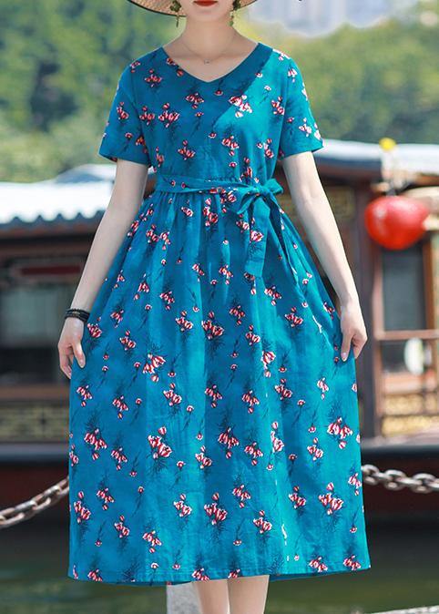 Bohemian blue green print cotton v neck tie waist tunic summer Dresses - bagstylebliss