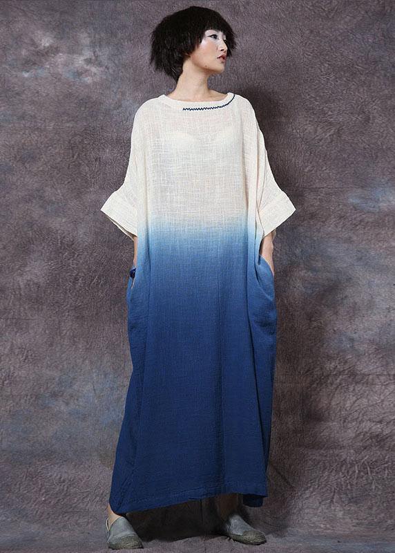 Bohemian blue linen cotton clothes gradient color Maxi summer Dresses - bagstylebliss