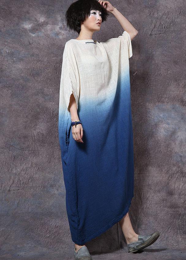 Bohemian blue linen cotton clothes gradient color Maxi summer Dresses - bagstylebliss