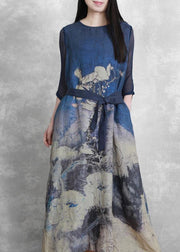 Bohemian blue print clothes For Women o neck tie waist Maxi Dresses - bagstylebliss
