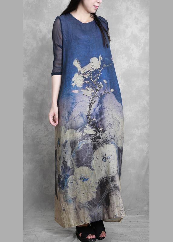 Bohemian blue print clothes For Women o neck tie waist Maxi Dresses - bagstylebliss