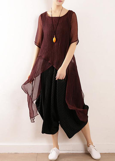 Bohemian burgundy linen top asymmetric hem Plus Size Clothing summer blouse - bagstylebliss