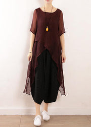 Bohemian burgundy linen top asymmetric hem Plus Size Clothing summer blouse - bagstylebliss