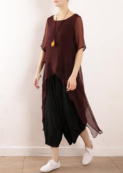 Bohemian burgundy linen top asymmetric hem Plus Size Clothing summer blouse - bagstylebliss