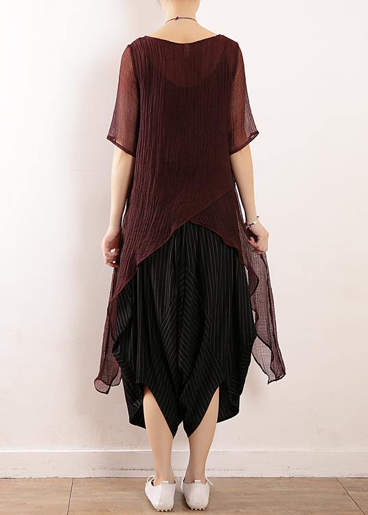 Bohemian burgundy linen top asymmetric hem Plus Size Clothing summer blouse - bagstylebliss