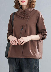 Bohemian chocolate crane tops stand collar zippered daily blouses - bagstylebliss