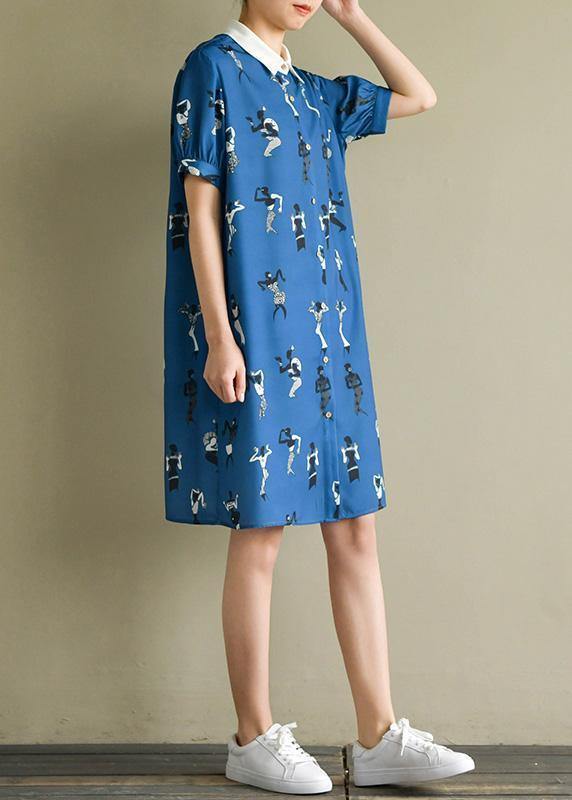 Bohemian dark blue print dress lapel lantern sleeve A Line summer Dresses - bagstylebliss