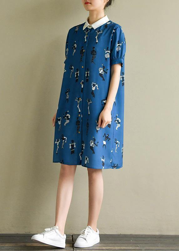 Bohemian dark blue print dress lapel lantern sleeve A Line summer Dresses - bagstylebliss