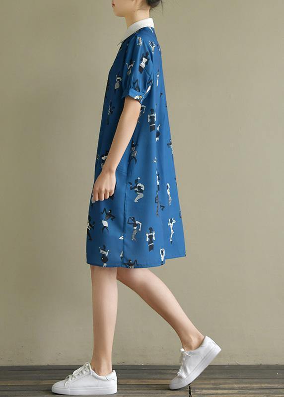 Bohemian dark blue print dress lapel lantern sleeve A Line summer Dresses - bagstylebliss