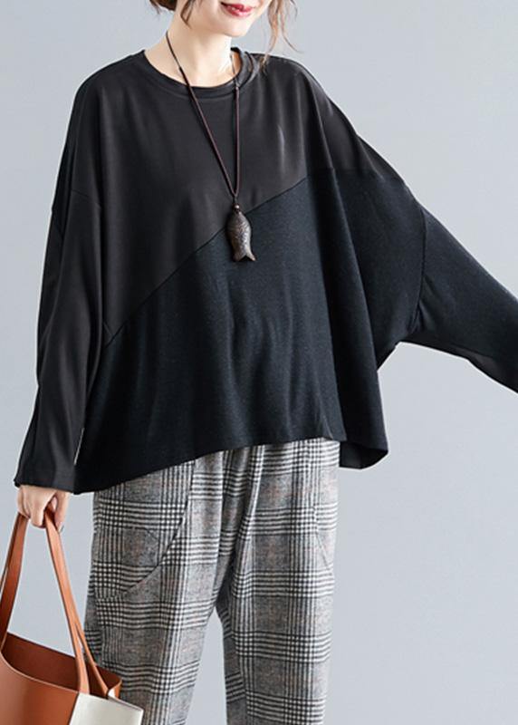 Bohemian dark gray cotton linen tops women o neck patchwork box blouses - bagstylebliss