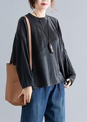 Bohemian dark gray cotton linen tops women o neck patchwork box blouses - bagstylebliss